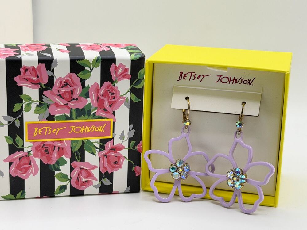 Betsey Johnson Lavender Flower Drop Earrings With Rhinestone Accents Includes De